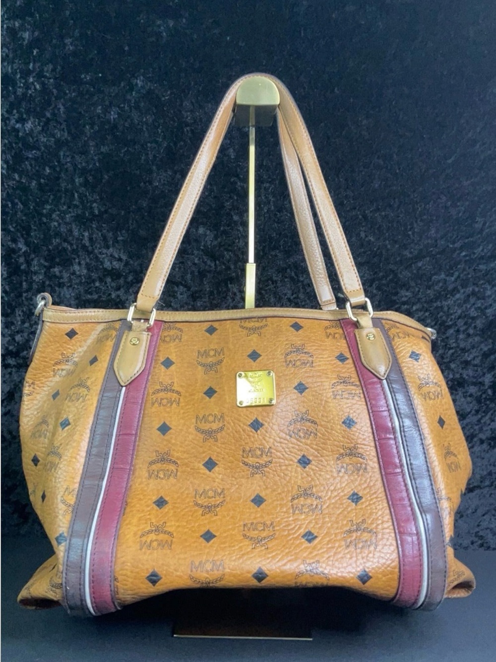 MCM Cognac Logo Tote with Burgundy & Brown Straps